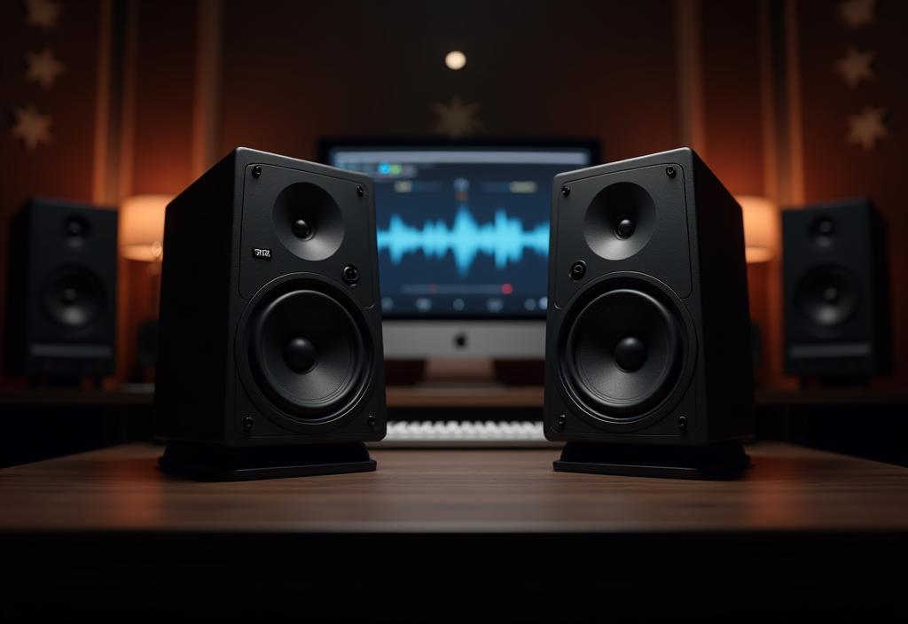 Pair of professional studio monitors in a recording studio.