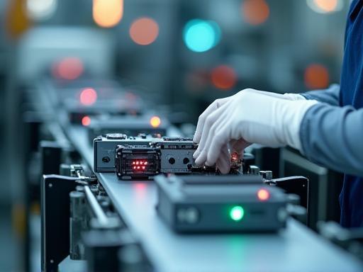 Assembly line for audio devices, focusing on precision.