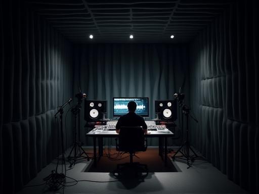 Audio engineer performing sound testing in an anechoic chamber.